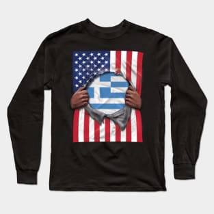 Greece Flag American Flag Ripped - Gift for Greek From Greece Long Sleeve T-Shirt